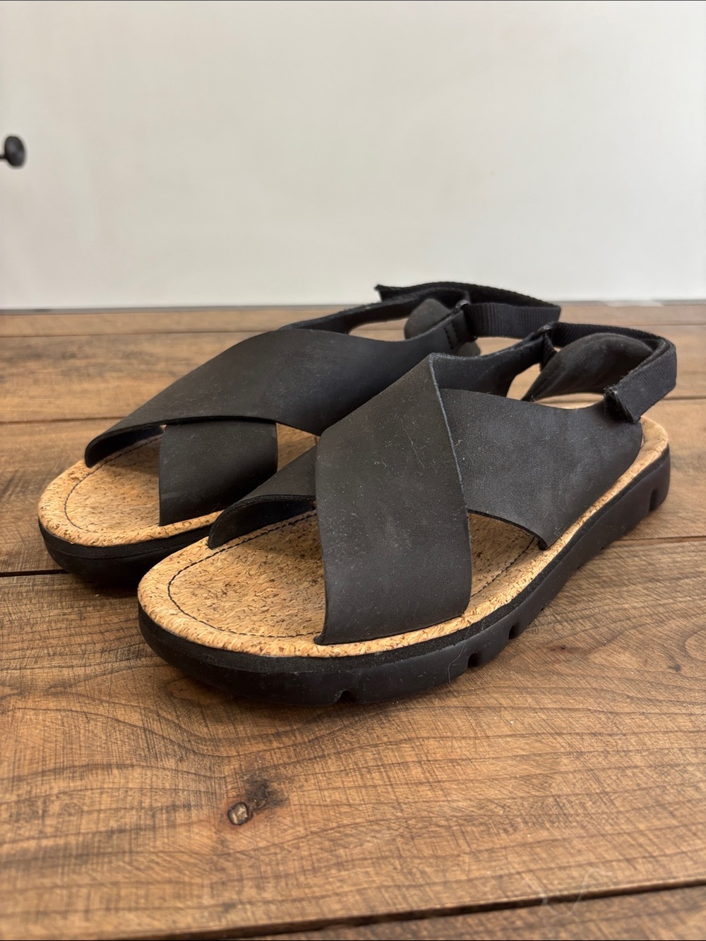 Camper Black Crisscross Cork-Style Footbed Sandals